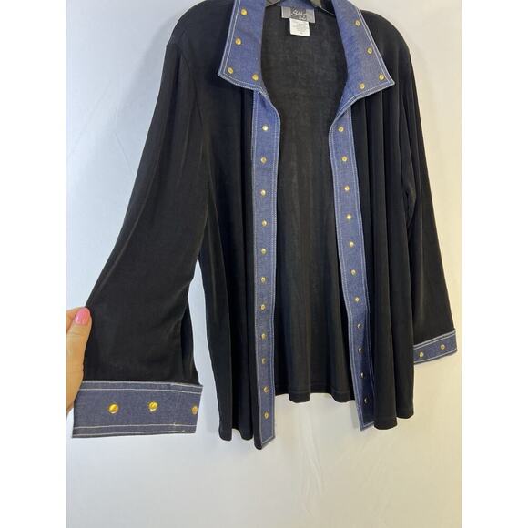 VTG SLINKY BRAND Open Cardigan Top Womens XL Made in USA Long Sleeve Black/Denim - Picture 5 of 11